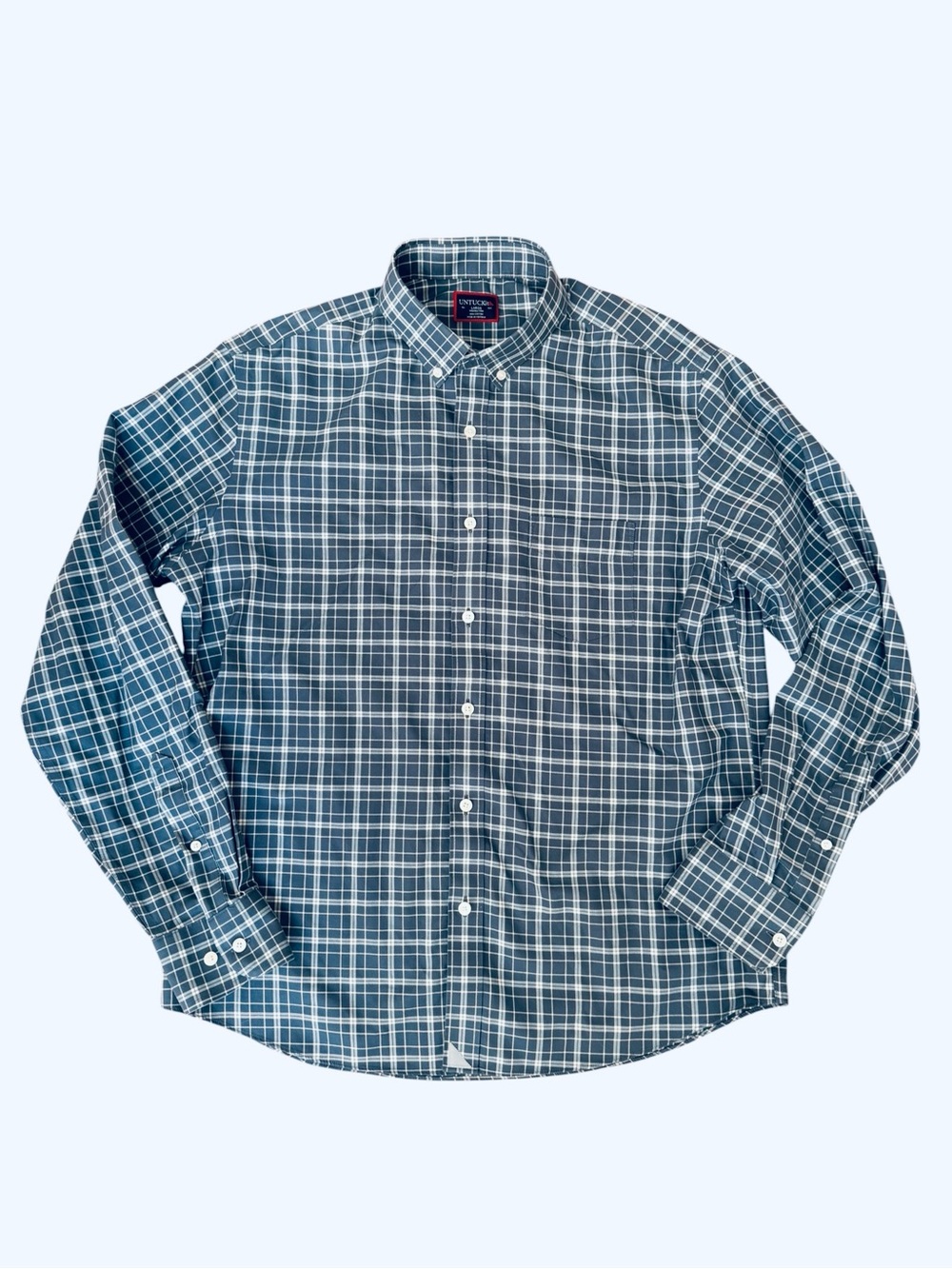 UNTUCKit Men's Large Navy and White Plaid Button-Down Shirt Cotton Wrinkle Free